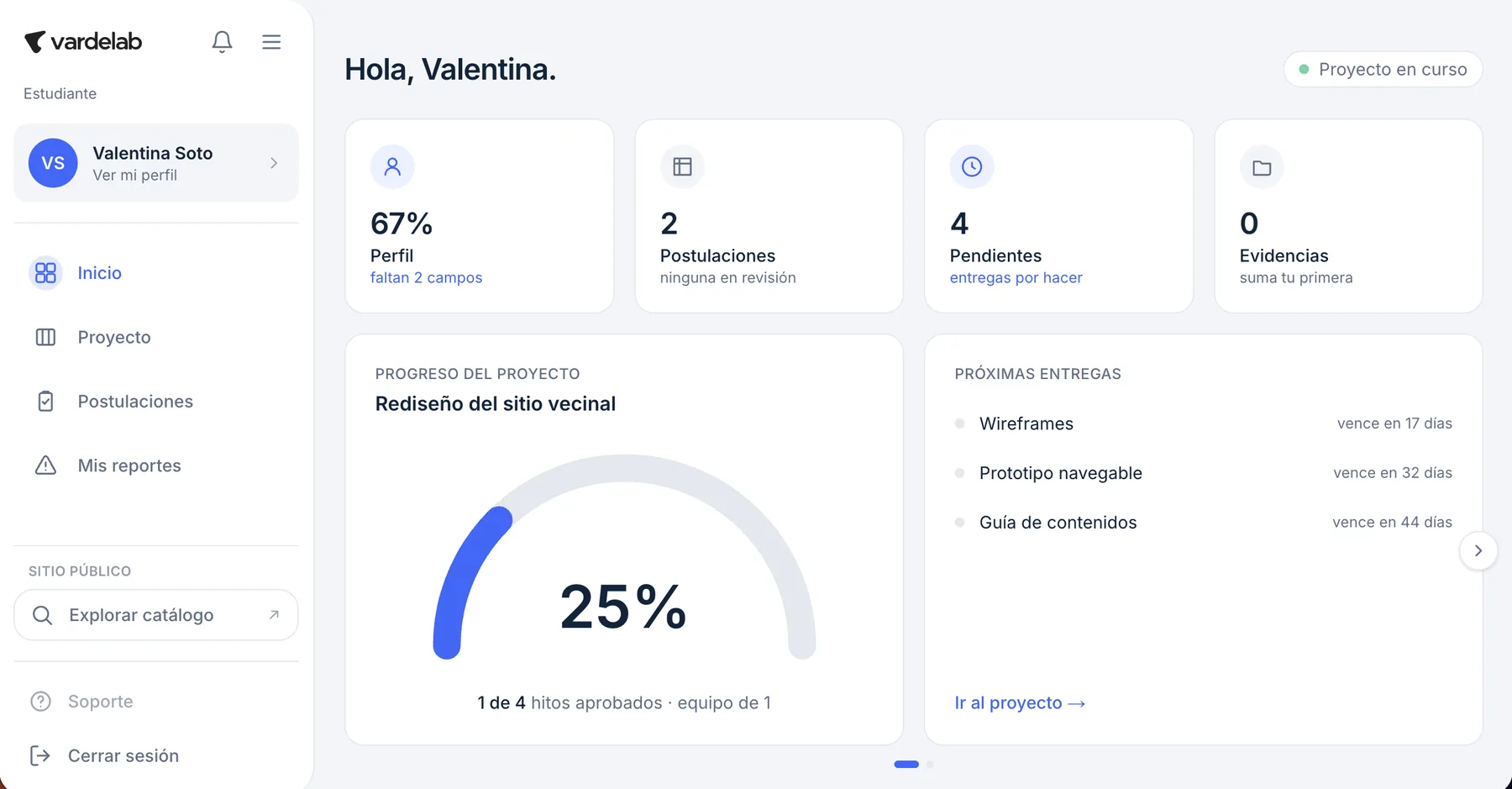 Panel del estudiante en Vardelab: progreso del proyecto, postulaciones y próximas entregas.
